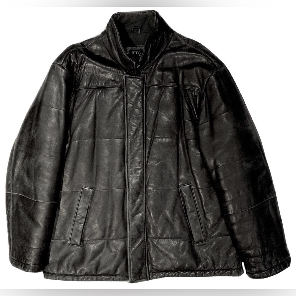 MENS LIGHTLY DISTRESSED LEATHER PUFFER COAT L /XL BCBG MAXAZRIA VERY WARM